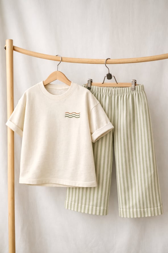 Green Unisex Stripped Muslin Set