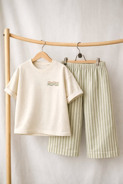 Green Unisex Stripped Muslin Set